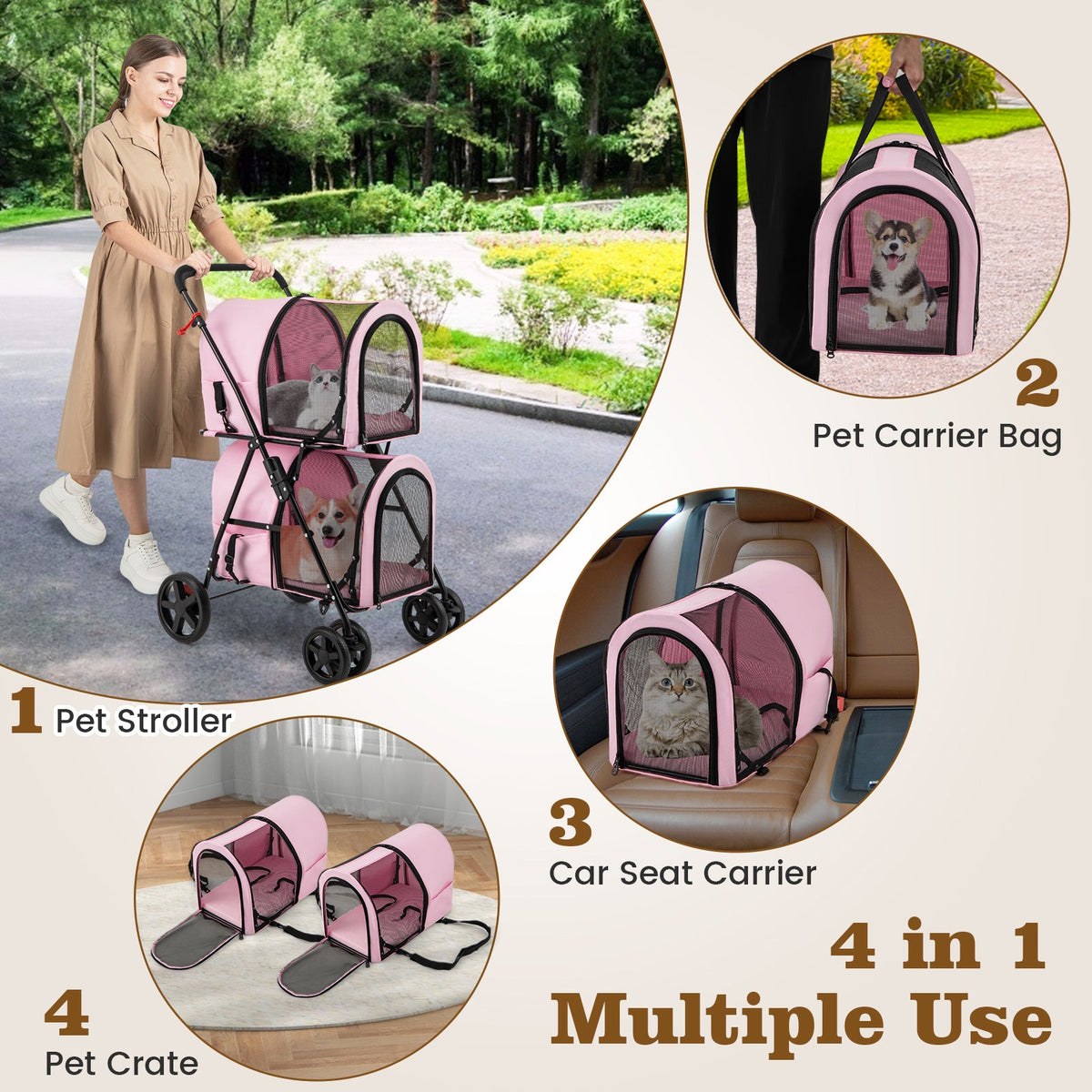 4-in-1 Multifunctional Double Pet Stroller