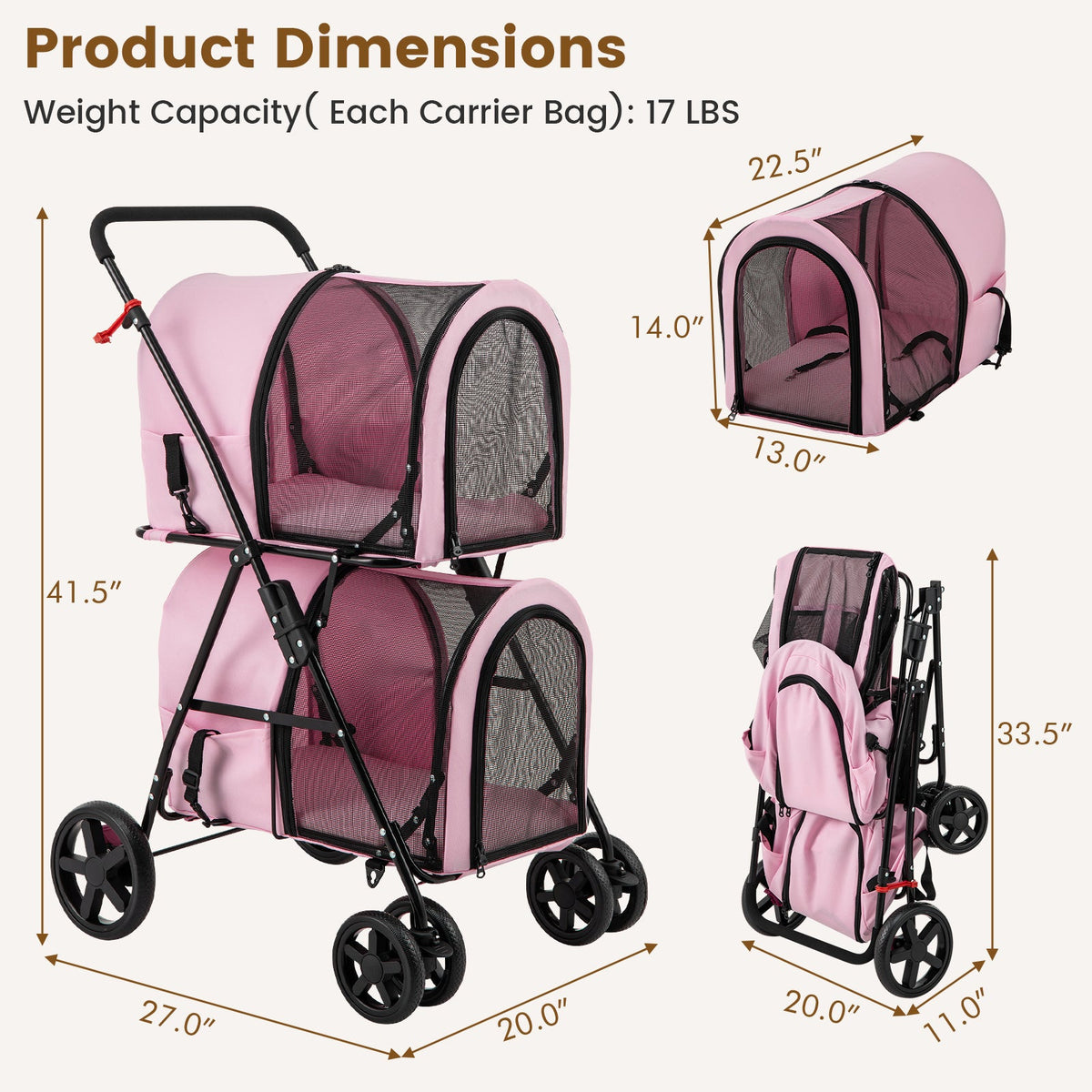 4-in-1 Multifunctional Double Pet Stroller